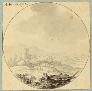 Gebirgslandschaft, vorn ein zerbrochener Baum
