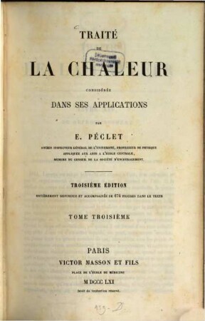Traité de la chaleur : considerée dans ses applications, III