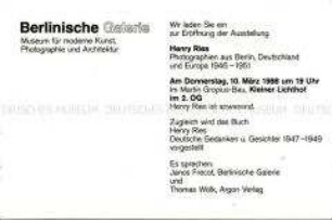 Einladung zur Eröffnung der Ausstellung "Photographien aus Berlin, Deutschland und Europa 1946-1951" von Henry Ries - Nachlass