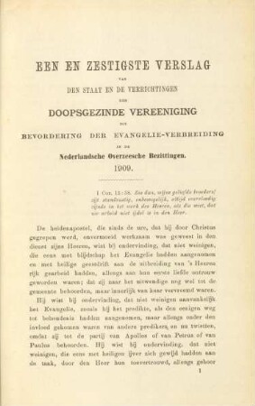 Een en zestigste verslag van den staat en de verrichtingen der Doopsgezinde Vereeniging tot Bevordering der Evangelieverbreiding in de Nederlandsche Overzeesche Bezittingen 1909