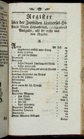Register über der Zopfischen Universal-Historie Alten Testaments, dreyzehende Ausgabe, als die erste mit dem Register.