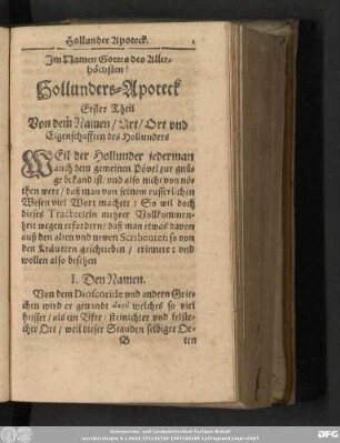 Hollunders-Apoteck Erster Theil Von dem Namen/ Art/ Ort und Eigenschafften des Hollunders.