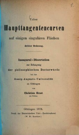 Ueber Haupttangentencurven auf einigen singulären Flächen dritter Ordnung : Inaugural-Dissertation