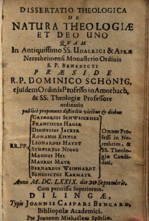 Dissertatio theologica de natura theologiae et deo uno