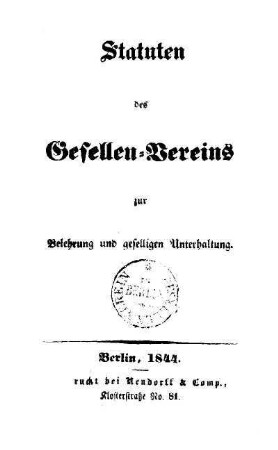 Statuten des Gesellen-Vereins zur Belehrung und geselligen Unterhaltung