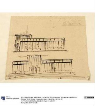 Berlin-Mitte, Umbau des Mosse-Hauses, Sitz des Verlages Rudolf Mosse. "Erste Skizze" - Fassaden-Abwicklung und Aufriss der Seite Schützenstraße