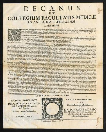 Decanus Et Collegium Facultatis Medicae In Antiqua Tubingensi Lectori Suo Sal.