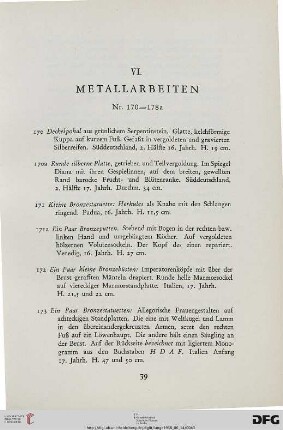 VI. Metallarbeiten (Nr. 170-178a)