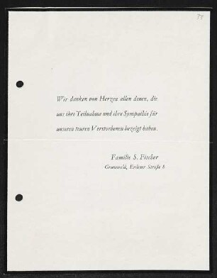 Brief von Brigitte Bermann Fischer, Hedwig Fischer, Hildegard Fischer und Gottfried Bermann Fischer an Margarete Hauptmann und Gerhart Hauptmann
