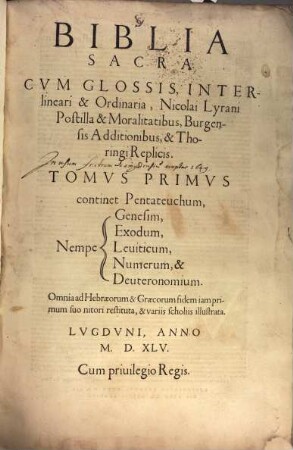Biblia Sacra, 1. ... continet Pentateuchum, Nempe Genesim, Exodum, Leuiticum, Numerum, & Deuteronomium