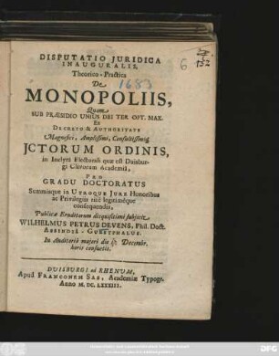 Disputatio Iuridica Inauguralis, Theorico-Practica De Monopoliis