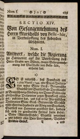 289-298, Sectio XIV. Von Gefangennehmung des Herrn Marschalls von Belle-Isle...
