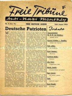Mitteilungsblatt der Jugendorganisation der deutschen Emigranten in Großbritannien "Freie Tribüne" u.a. über den Putschversuch vom 20. Juli 1944