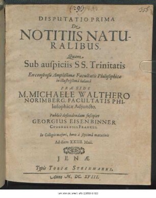 Disputatio Prima De Notitiis Naturalibus