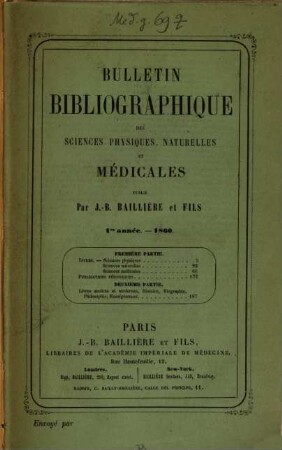 Bulletin bibliographique des sciences physiques, naturelles et médicales. 1860 = année 1
