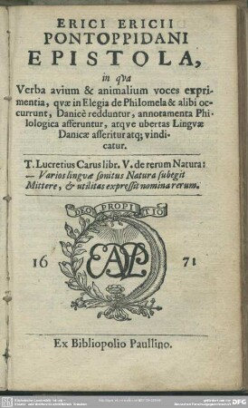 Erici Ericii Pontoppidani Epistola