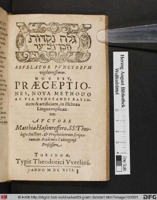 [...] Revelator Punctorum vigilantissimus. Hoc Est, Praeceptiones, Nova Methodo Ac Via Punctandi Rationem & artificium, in Hebraea Lingua explicantes