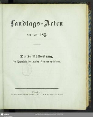 1854/55: Landtags-Acten / Die Protocolle der 2. Kammer