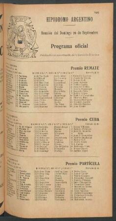 Hipódromo Argentino - Reunión del Domingo 20 de Septiembre [de 1908] - Programa oficial