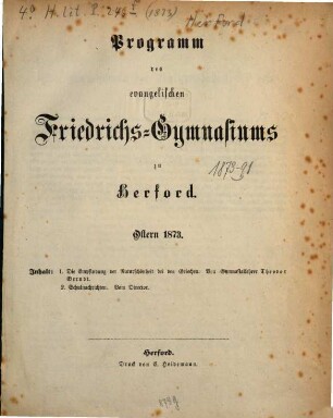 Programm des Evangelischen Friedrichs-Gymnasiums zu Herford : Ostern .... 1873
