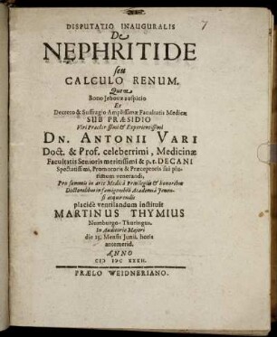 Disputatio Inauguralis De Nephritide seu Calculo Renum