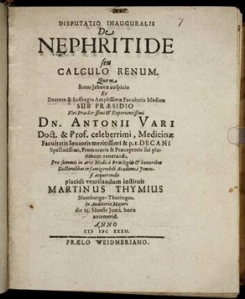 Disputatio Inauguralis De Nephritide seu Calculo Renum