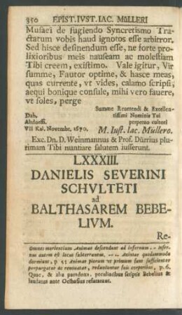 LXXXIII. Danielis Severini Schulteti ad Balthasarem Bebelium