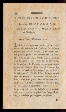 Lettre du V[énéra]ble M. E. C. Le B. D. N. Au R. P. Recteur de la Maison de Jésuites de Manheim.