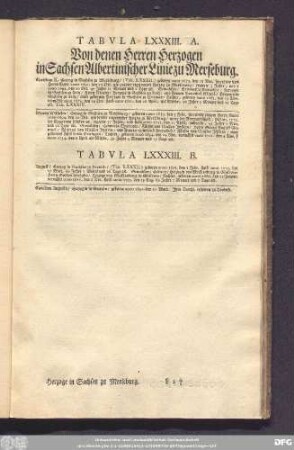 Tabula LXXXIII. A. Von denen Herren Herzogen in Sachsen Albertinischer Linie zu Merseburg.