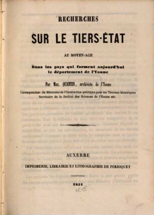 Recherches sur le tiers-état au moyen-âge dans les pays qui forment aujourd‛hui le département de l'Yonne