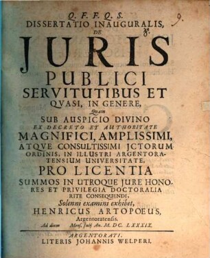 Dissertatio inauguralis, De Juris publici servitutibus et qvasi, in genere