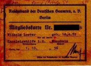 Mitgliedskarte des Reichsbundes der Deutschen Beamten für Wilhelm Loster