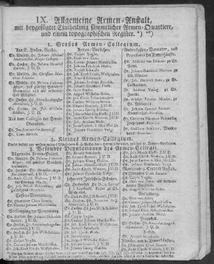 IX. Allgemeine Armen-Anstalt, mit beygefügter Eintheilung sämmtlicher Armen-Quartiere, und einem topographischen Register.
