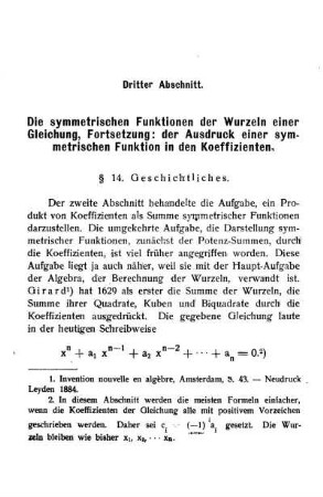 Dritter Abschnitt - Die symmetrischen Funktionen der Wurzeln einer Gleichung, Fortsetzung: der Ausdruck einer symmetrischen Funktion in den Koeffizienten.