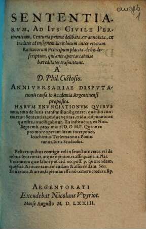 Sententiarvm, Ad Ivs Civile Pertinentium Centuria Prima ...