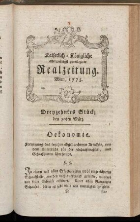 Dreyzehntes Stück; den 30ten März. Wien, 1775.