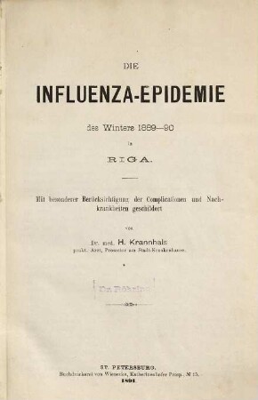 Die Influenza-Epidemie des Winters 1889-90 in Riga