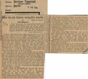 Artikel "Wie ich als Spion verhaftet wurde", Berliner Tageblatt (08.08.1914)