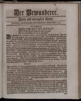Zwey und vierzigstes Stück. Hamburg, Donnerstags, den dreyzehnten September 1742.