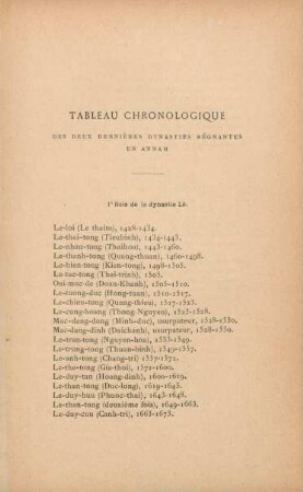 Tableau chronologique des deux dernières dynasties régnantes en Annam