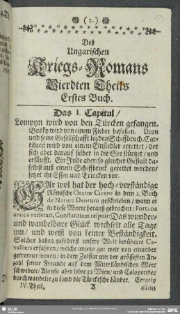 Deß Ungarischen Kriegs-Romans Vierdten Theils Erstes Buch