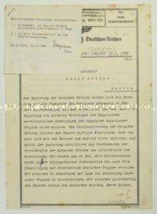 Telegramm des karpatoukrainischen Ministerpräsidenten Awgustyn Woloschyn an Hitler, u.a. über die Lage in der Karpatoukraine