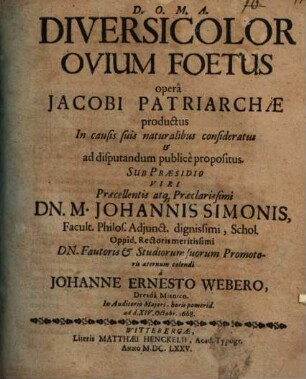 Diversicolor ovium foetus opera Jacobi Patr. productus in causis suis natur. consideratus