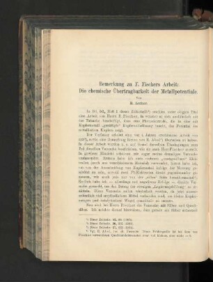 Bemerkung zu F. Fischers Arbeit: Die chemische Übertragbarkeit der Metallpotentiale