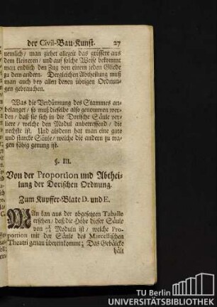 Von der Proportion und Abtheilung der Dorischen Ordnung