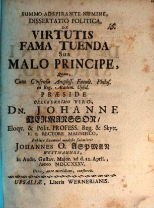 Diss. pol. de virtutis fama tuenda sub malo principe