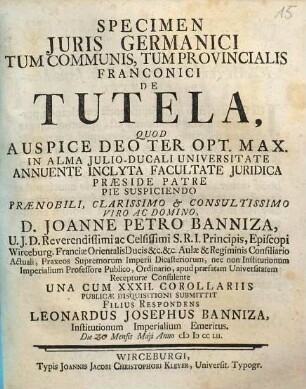 Specimen Iuris Germanici Tum Communis, Tum Provincialis Franconici De Tutela : Una cum XXXII Corollariis