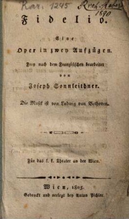 Fidelio : Eine Oper in zwey Aufzügen
