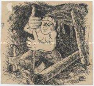 Federzeichnung aus einer Serie über den Arbeitsalltag deutscher Kriegsgefangener in einem Bergwerk in Frankreich, Motiv: Bergarbeiter bei der Arbeit - Personenkonvolut