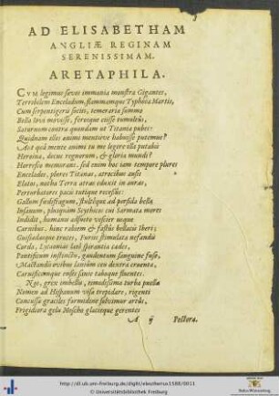 Ad Elisabetham Angliæ Reginam Aretaphila